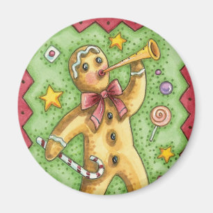 Söt pepparkaksgubbe som blåser i horn, julgodis magnet