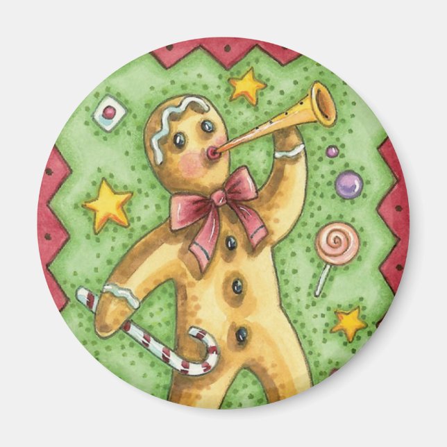 Söt pepparkaksgubbe som blåser i horn, julgodis magnet (Framsidan)
