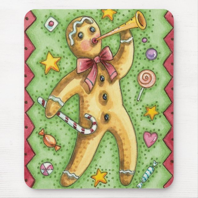 Söt pepparkaksgubbe som blåser i horn, julgodis musmatta (Framsidan)