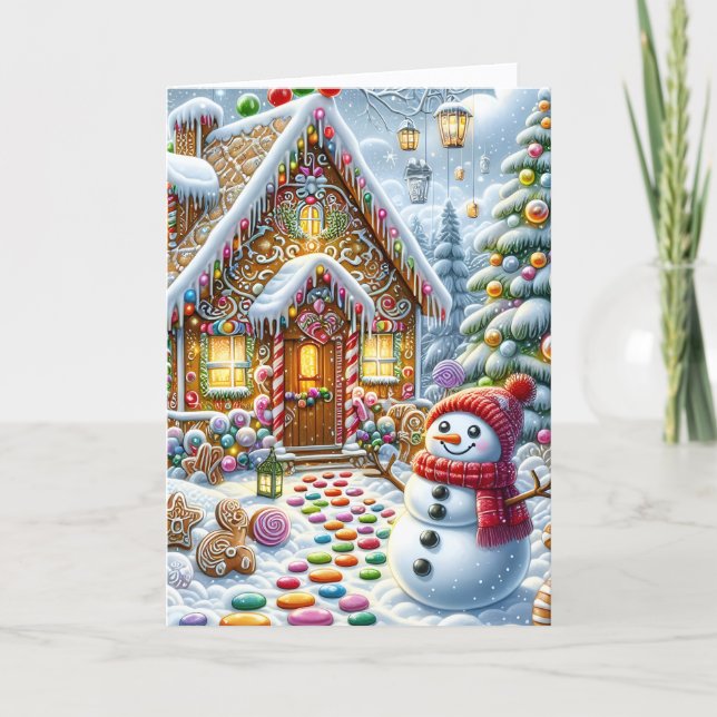 Söt pepparkakshus med snöman jul helgkort (Framsida)