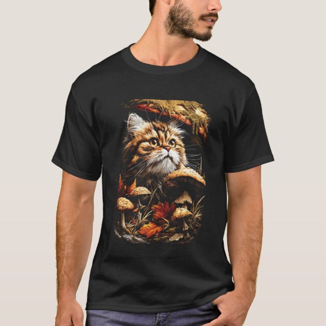 Söt persisk katt med höstlöv svamp höst t shirt (Framsida)
