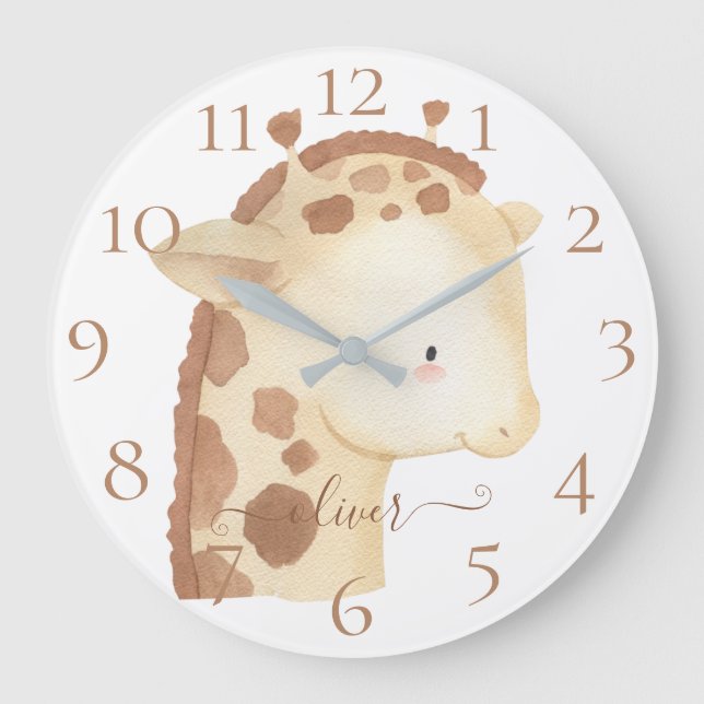 Söt Personlig Akvarell Bebis Giraff Namn Stor Klocka (Framsida)