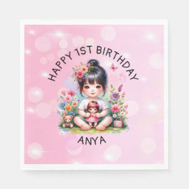 Söt Personlig Asian Girl and Doll Birthday Pappersservett