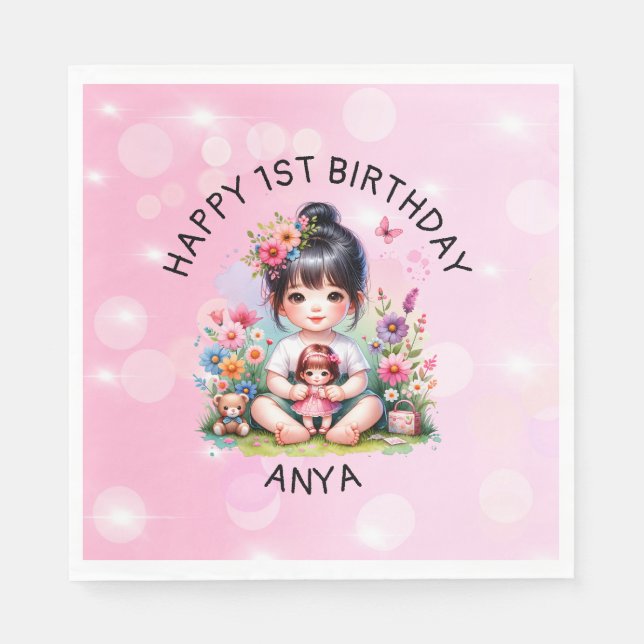 Söt Personlig Asian Girl and Doll Birthday Pappersservett (Framsidan)