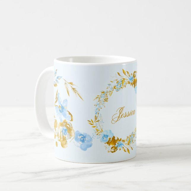 Söt Personlig Guld Blue Winter Blommigt Kaffemugg (Framsida vänster)