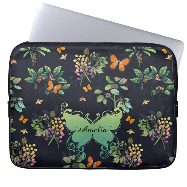 Söt Personlig Mörk Blommigt Butterfly Mönster Laptop Fodral (Framsidan)