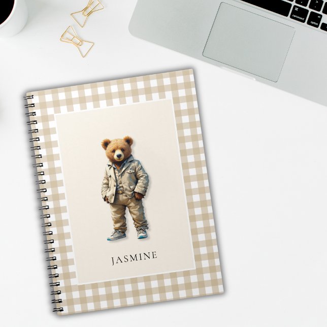Söt personlig nalle  anteckningsbok (cute personalized teddy notepad with a neutral beige plaid background)