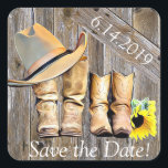 Söt personlig rustic Save the Date Fyrkantigt Klistermärke<br><div class="desc">Sparar datum-klistermärken att fästa på ett landligt och västerländskt bröllopsinbjudan i rustic stil. Cowboy-stövlar,  hatt och solrosor gör detta till det sötaste rustic-tema bröllops-klistermärket!</div>