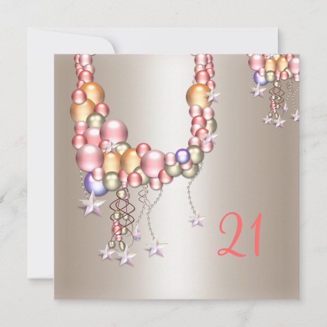 Söt Pewter Peach Pearls Stars 21:a födelsedagen Inbjudningar (Framsida)