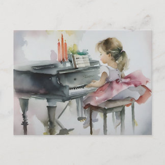 Söt pianist litet flicka spelar piano vykort