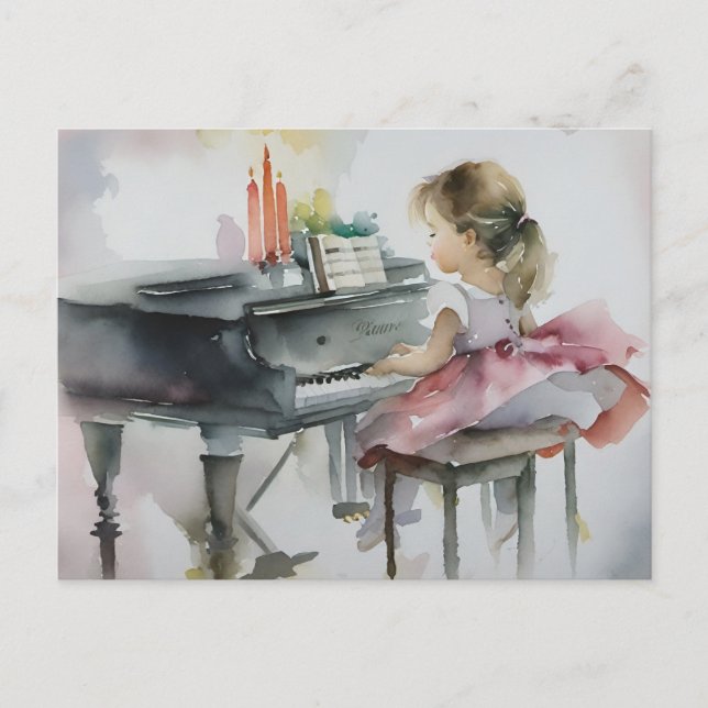 Söt pianist litet flicka spelar piano vykort (Framsida)