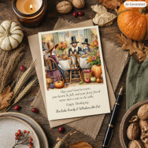 Söt pilgrimsfamilj med katt Thanksgiving-semester