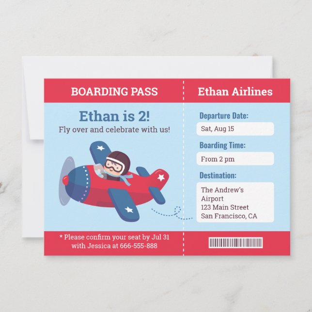 Söt Pilot Flygplans Ombordstigningskort Födelsedag Inbjudningar (Framsida)