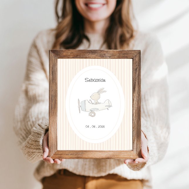 Söt Pilot Kanin Namn Datum Förlossning Poster (customizable name date baby nursery poster with a cute pilot bear in airplane and beige stripes.)