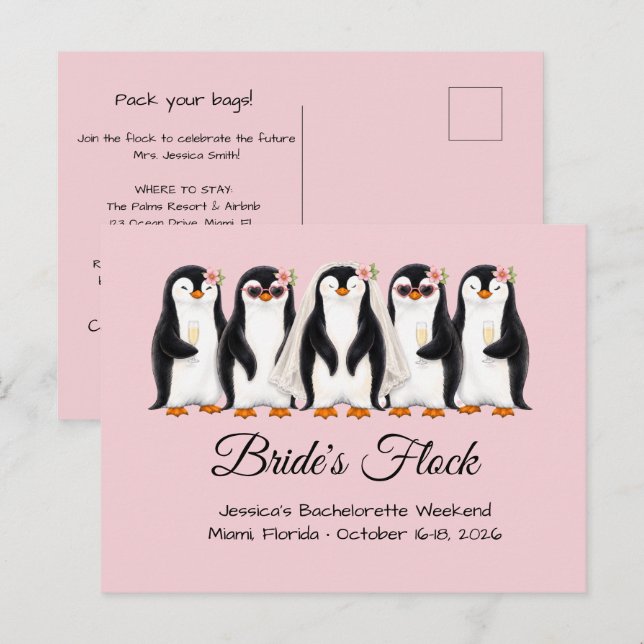 Söt pingbrud - Flock Pink möhippa  Inbjudan Vykort (Fram/baksida)