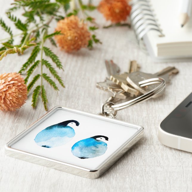 Söt pingvin akvarell konst fyrkantig silverfärgad nyckelring (Sidan)