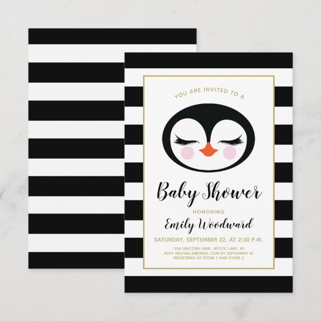 Söt Pingvin Ansikte Baby Shower Inbjudan (Fram/baksida)