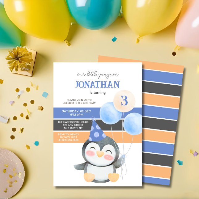 Söt pingvin ballong pojke födelsedag inbjudningar (Skapare uppladdad)