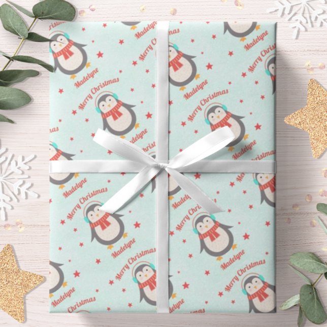 Söt pingvin jul akvarell snö Personlig Presentpapper (Skapare uppladdad)