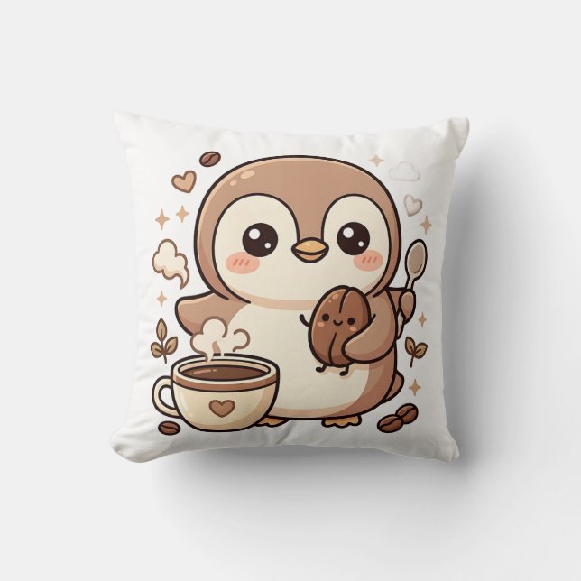 Söt Pingvin Kaffeekast Kuddtryck Kudde (Framsida)