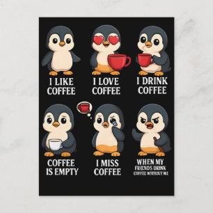 Söt pingvin kaffefantastisk emotionell tecknad des helg vykort