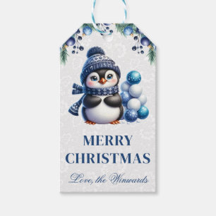 Söt pingvin med blå juldekorationer jul presentetikett