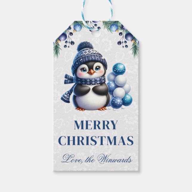 Söt pingvin med blå juldekorationer jul presentetikett (Framsidan)