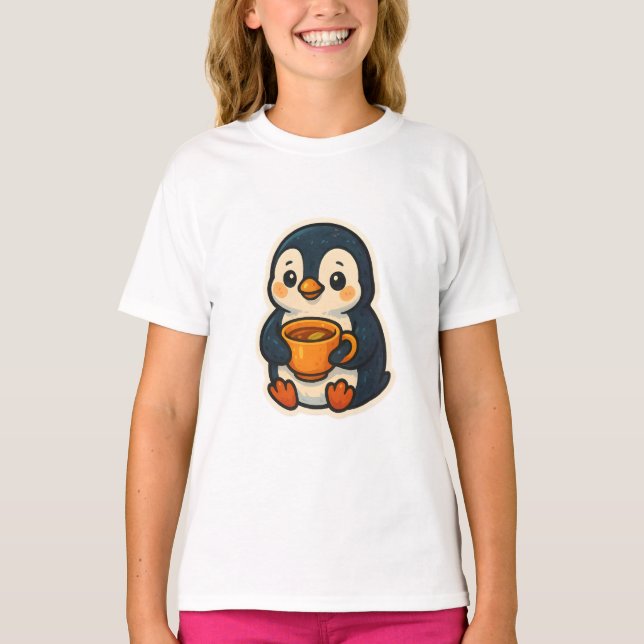 Söt pingvin med en kopp te t shirt (Framsida)