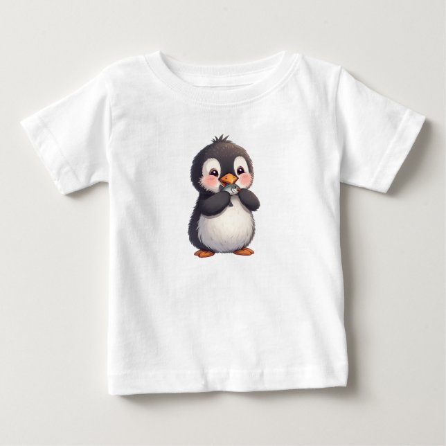 Söt pingvin med fisk t shirt (Framsida)