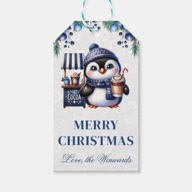 Söt pingvin med het choklad jul presentetikett (Framsidan)