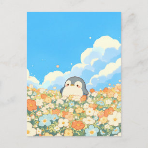 Söt pingvin på äng med orange blommor vykort