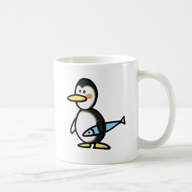 Söt pingvin som håller en blå fisk kaffemugg (Höger)