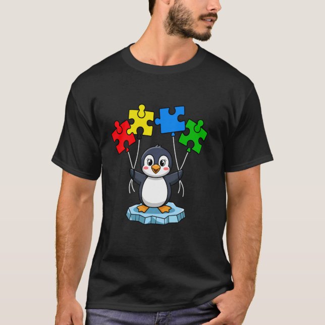 Söt pingvin som håller pusselbitar Autism Medveten T Shirt (Framsida)