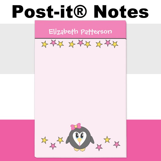Söt pingvin stjärna namn barn rosa gul post-it block (Skapare uppladdad)