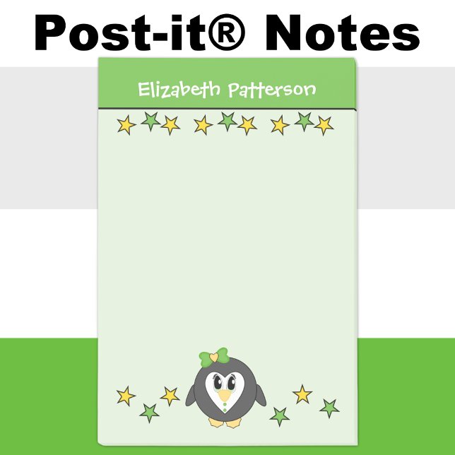 Söt pingvin stjärnors namn barn grön gul post-it block (Skapare uppladdad)