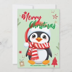 Söt pingvin tomte jul semester familjenamn julkort