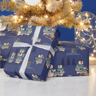 Söt pingvinfamilj med tröjor | Julscener Presentpapper