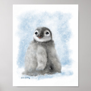 Söt pingvinkyckling i snö tecknad film poster