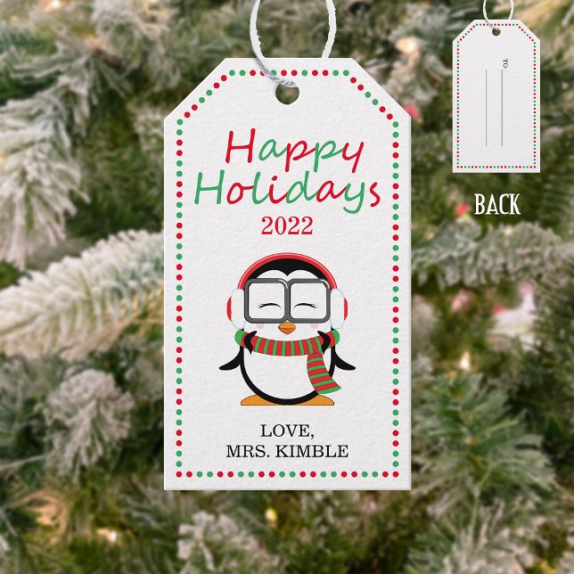 Söt pingvinsemestertackning (fram- och baksida) presentetikett (Skapare uppladdad)