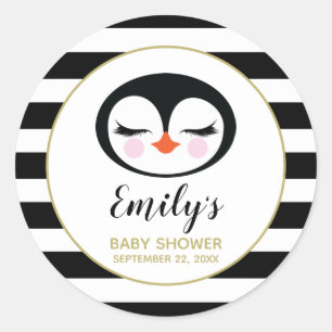 Söt pingvinsikt svart och vit baby shower runt klistermärke