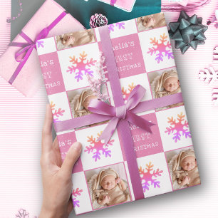 Söt Pink Babys första jul Snöflinga Foto Presentpapper