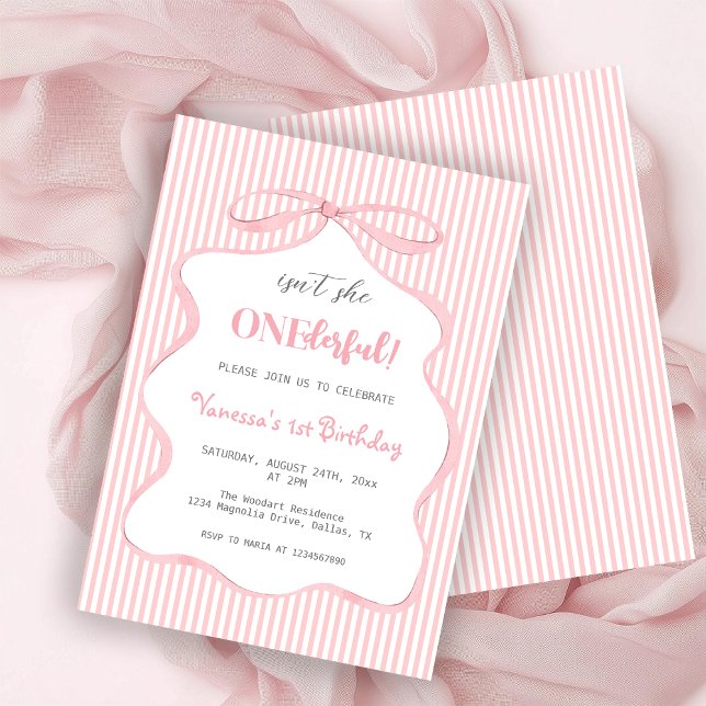 Söt Pink Bow Flicka Första Födelsedag Inbjudningar (Skapare uppladdad)