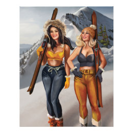 Söt Pinup Girls Skiing Fototryck