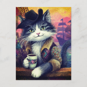 Söt piratkatt med kaffe vykort
