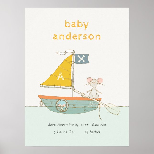 Söt piratmussegelbåt för barn Monogram baby staty Poster (Framsidan)
