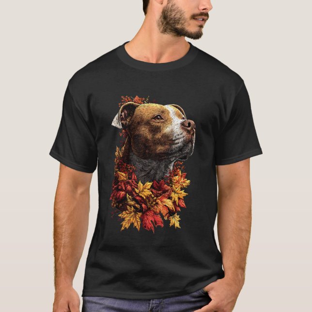 Söt Pit Bull med höstlöv Skog Höst Estetik T Shirt (Framsida)