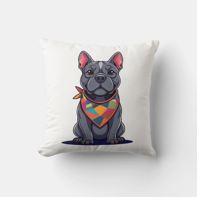 Söt Pitbull Frenchie hund med bandana konst Kudde (Framsida)