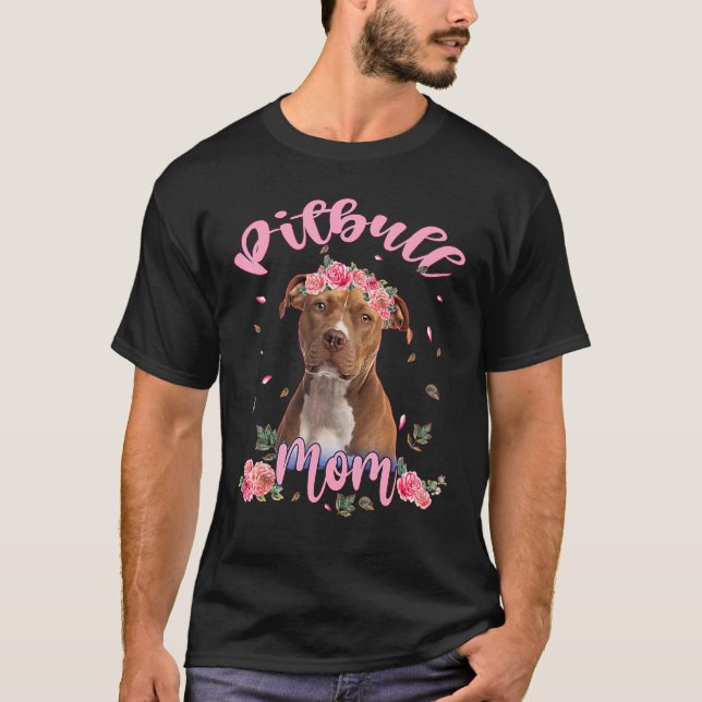 Söt Pitbull Mamma Blomma Hund Kvinnor T Shirt (Framsida)