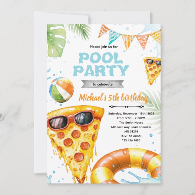 Söt pizza pool party tema inbjudan (Framsida)