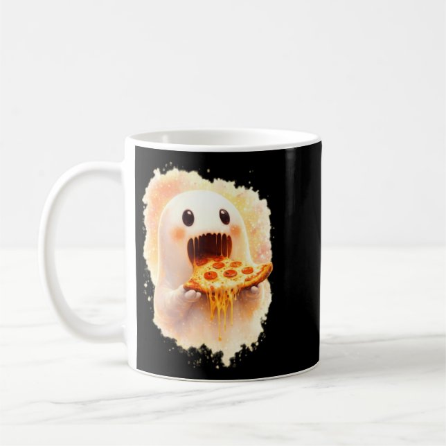 Söt Pizza Spöke Äter Pizza Rolig Halloween Mat Kaffemugg (Vänster)